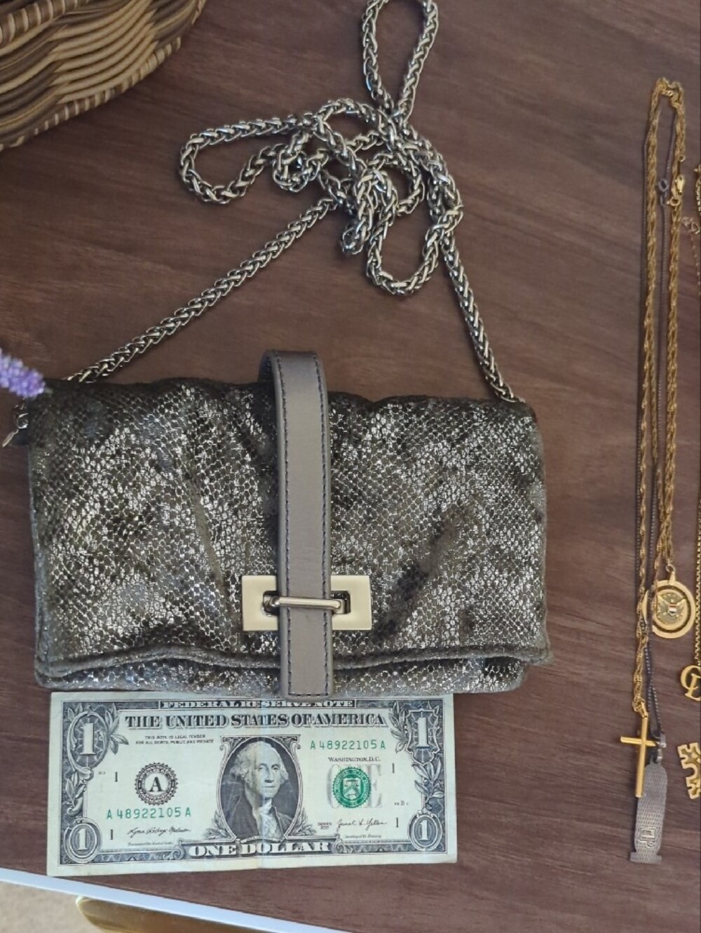 Metallic Snake-Texture Foldover Clutch